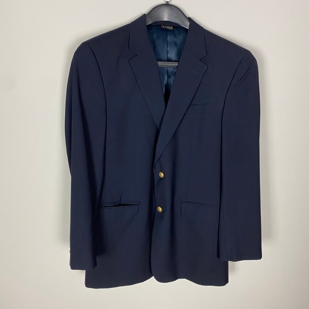 Jos A‎ Bank Mens Blazer Sport Coat 42L Navy Blue 100% Wool 2 Button Gold Suit